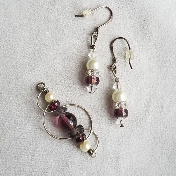 Handmade Purple Crystal Beaded Pendant and Drop Earrings Set in Silver - Picture 1 of 4